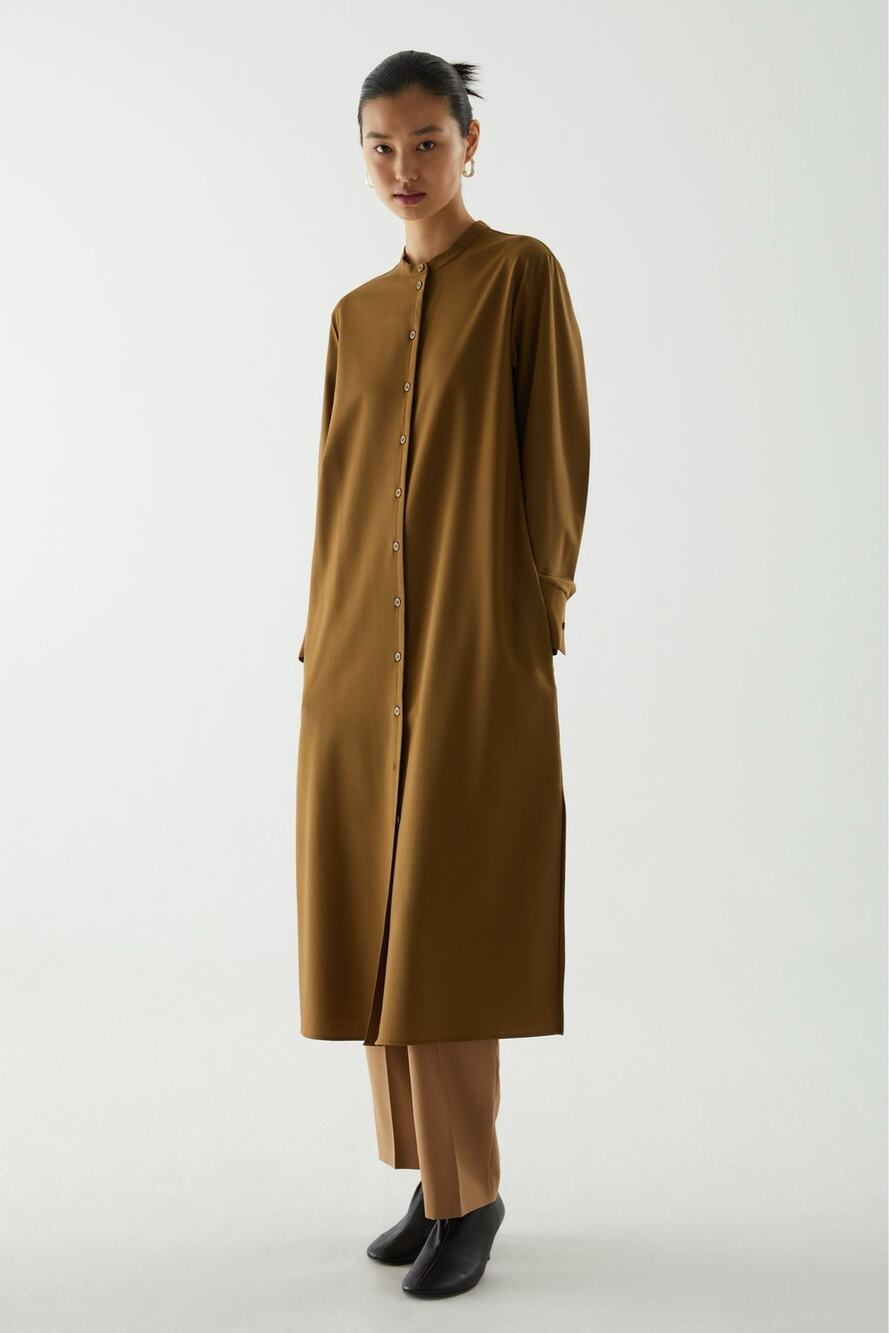 COS Brown Wool Blend Oversized Shirt Dress Mandarin Collar Size 8 Minimalist